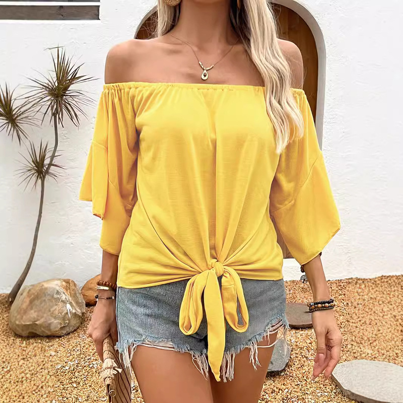 European and American Summer Women's Casual Large Size Short-Sleeved Pure Color One-Shoulder Casual T-Shirt Top