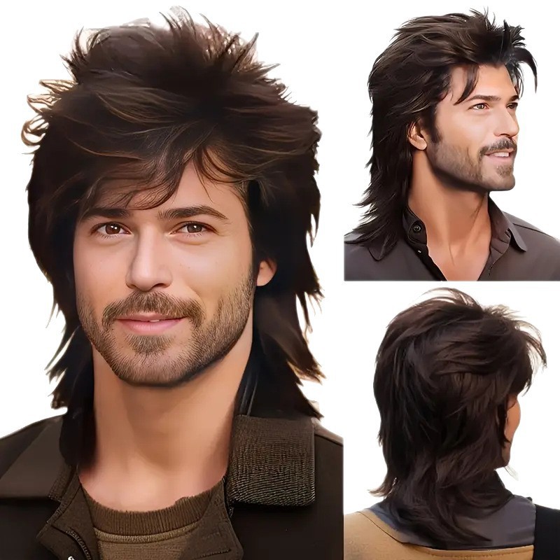 Men’s Brown Short Curly Synthetic Wig With Long Bangs Natural Look_voghion.com