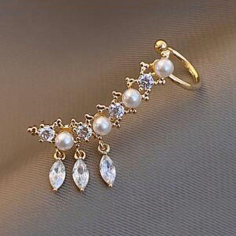 韩版珍珠耳夹锆石一体式树叶耳骨夹高级感耳环小众设计感耳扣耳饰