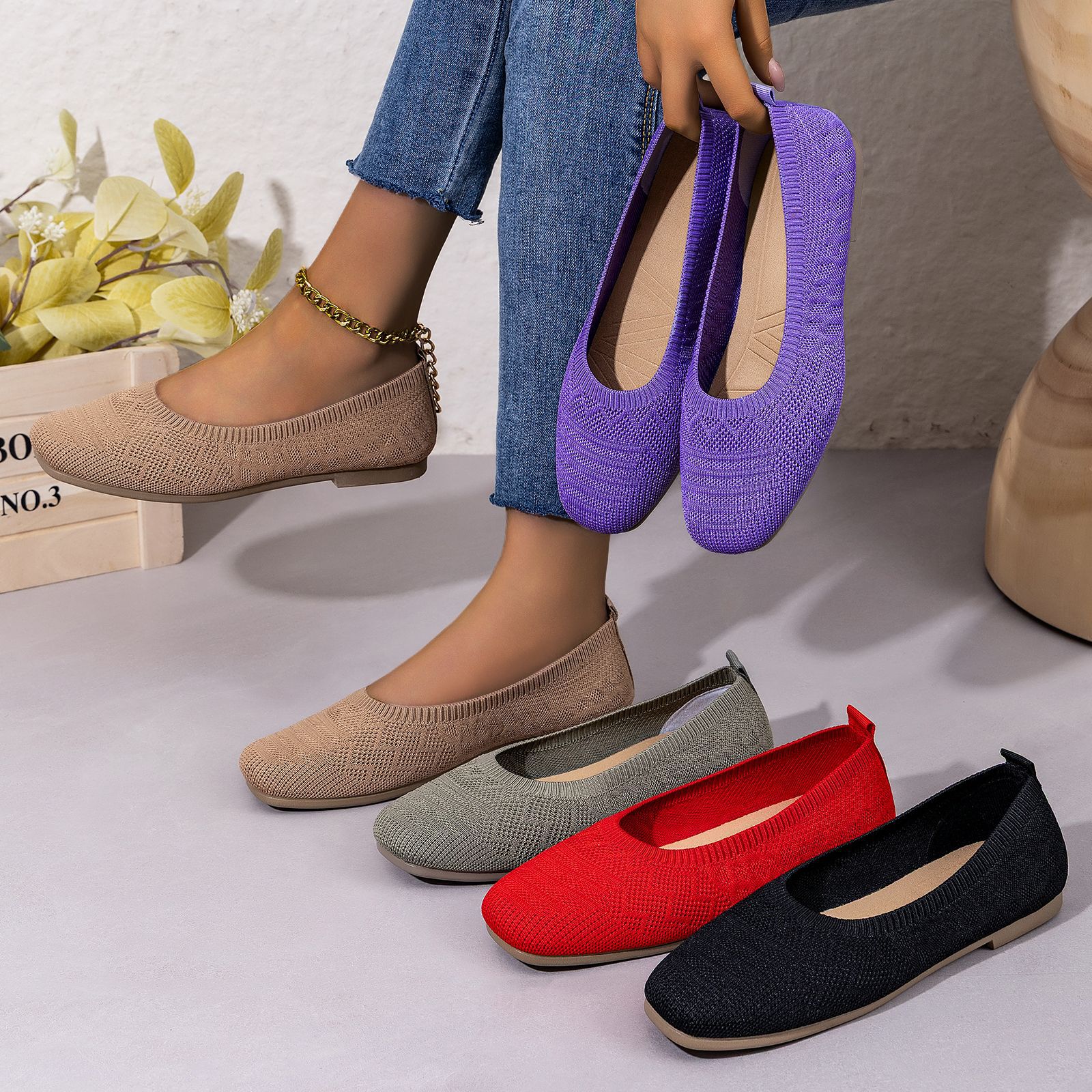Zapatos de mujer comercio exterior transfronterizo zapatos de mujer tejidos transpirables zapatos de sola suave no cansados zapatos planos zapatos casuales cuadrados