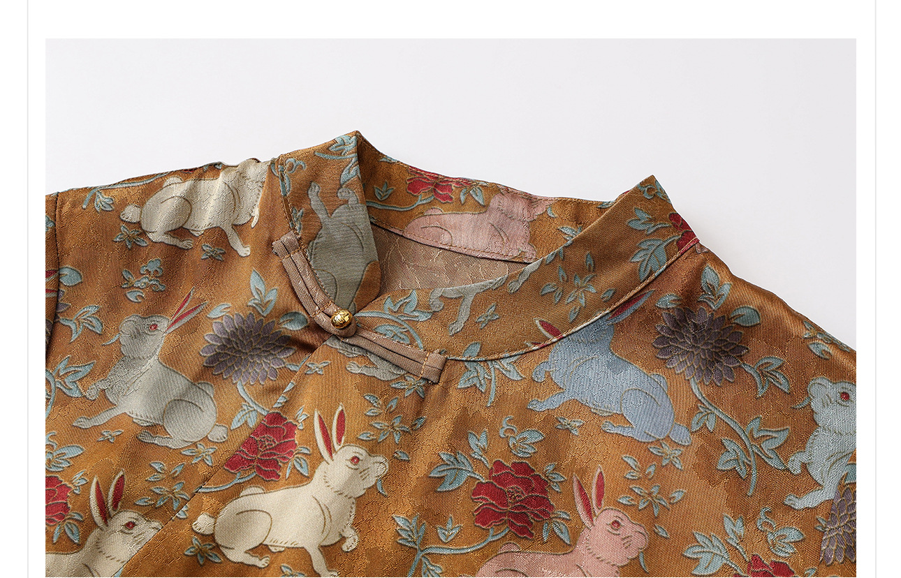 Đầm suông midi chữ A vải rayon thêu hoa cách tân cổ điển Trung Quốc — Màu đỏ san hô, Màu caramel chi tiết 40