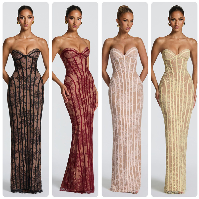 European and American 2026 Lace Strapless Long Dress with Exquisite Vertical Lace Pattern, Bodycon Evening Party Dress for Women European and American 2026 Lace Strapless Long Dress with Exquisite Vertical Lace Pattern, Bodycon Evening Party Dress for Women