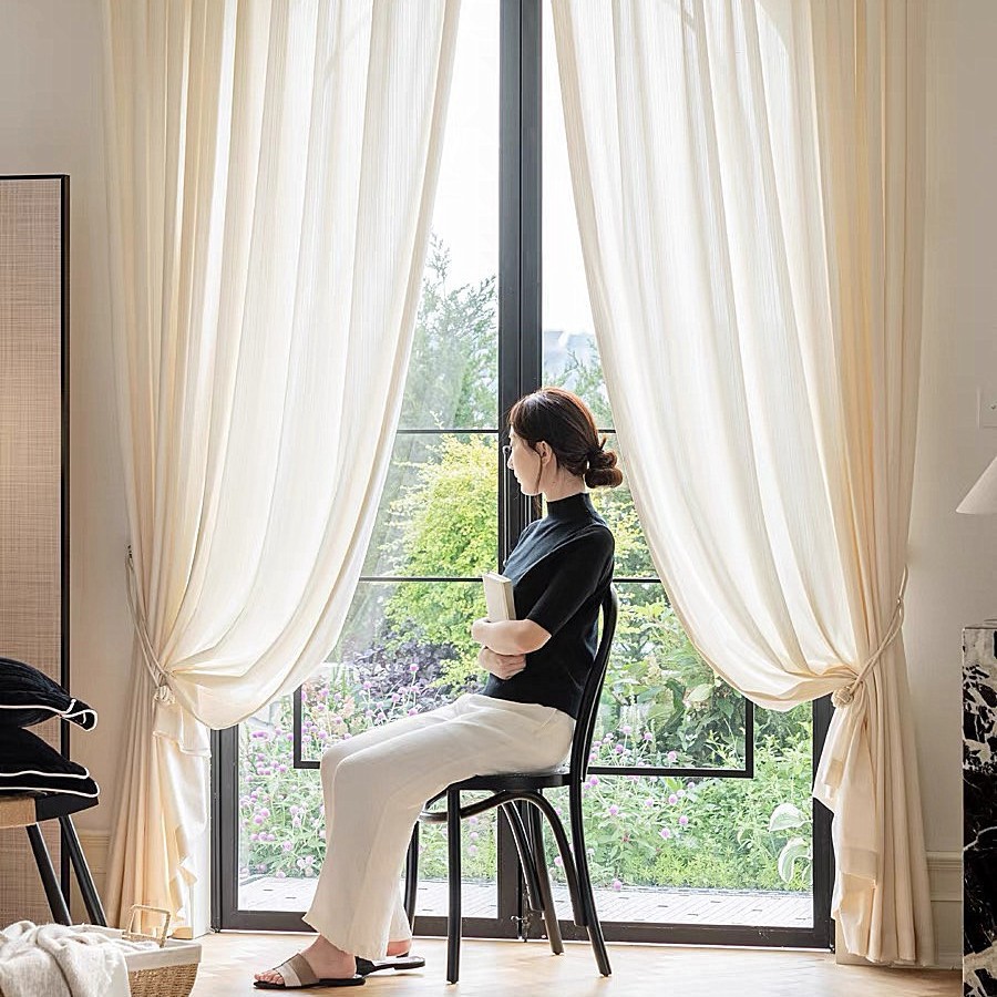 Espejo de color crema francés rayas transparentes de hilo humano opaco sala de estar dormitorio beige blanco Shaoxing Keqiao