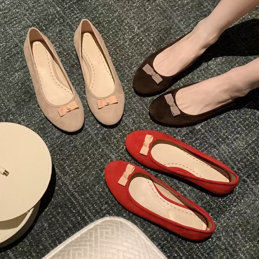 In-Stock Cowhide Version ~ Grape Mom's Same Style Red Bow Round-Toe Shallow Color-Blocking Sweet Flat Ballet Shoes for Women