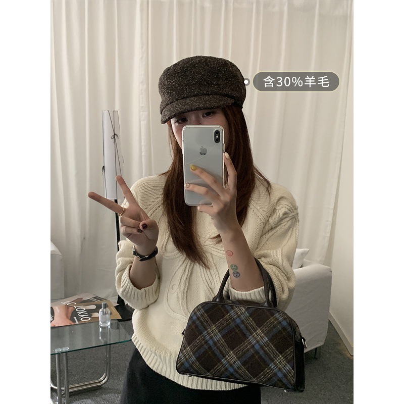 侧面毛呢鸭舌贝雷帽女秋冬新款覆古画家报童海军帽日系英伦八角帽|undefined
