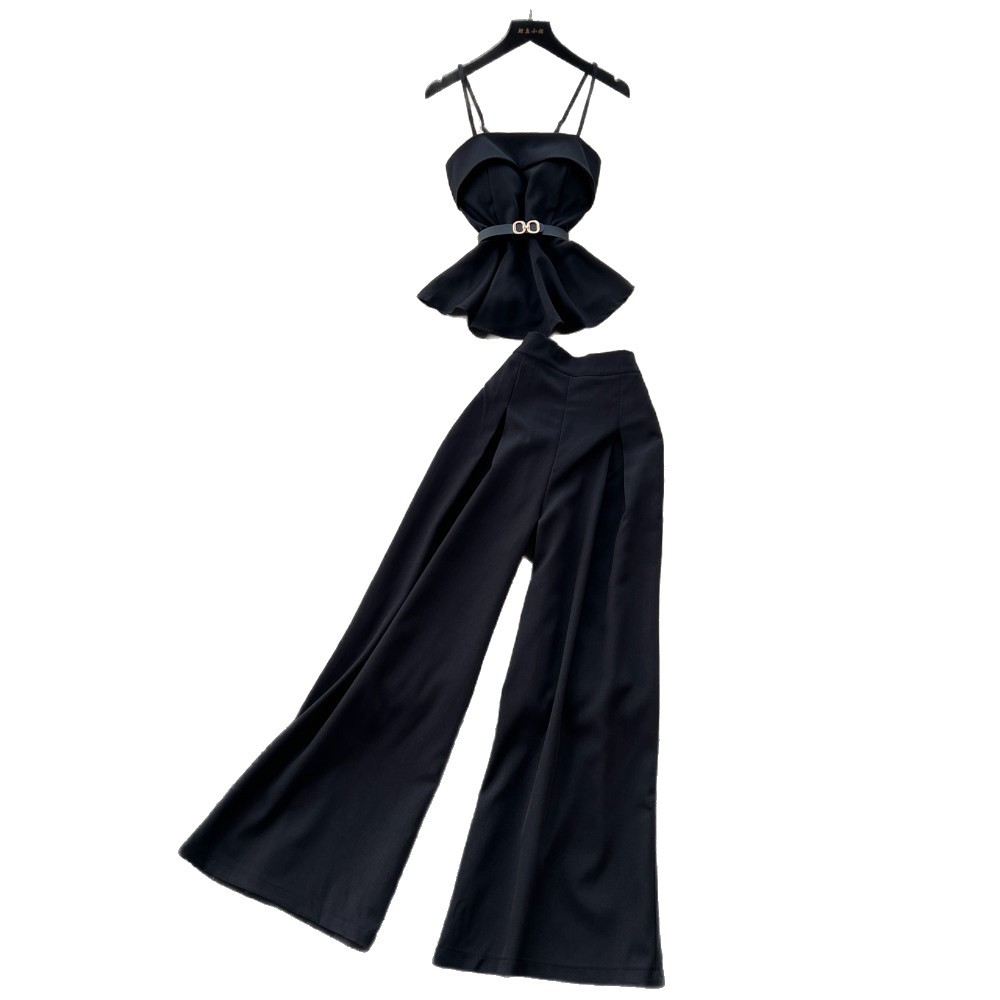 Minimalist Style Women's Commuter Suit Spring Summer High End Two Piece Set Camisole Fitted Waist Vest High Waisted Wide Leg Pants_voghion.com