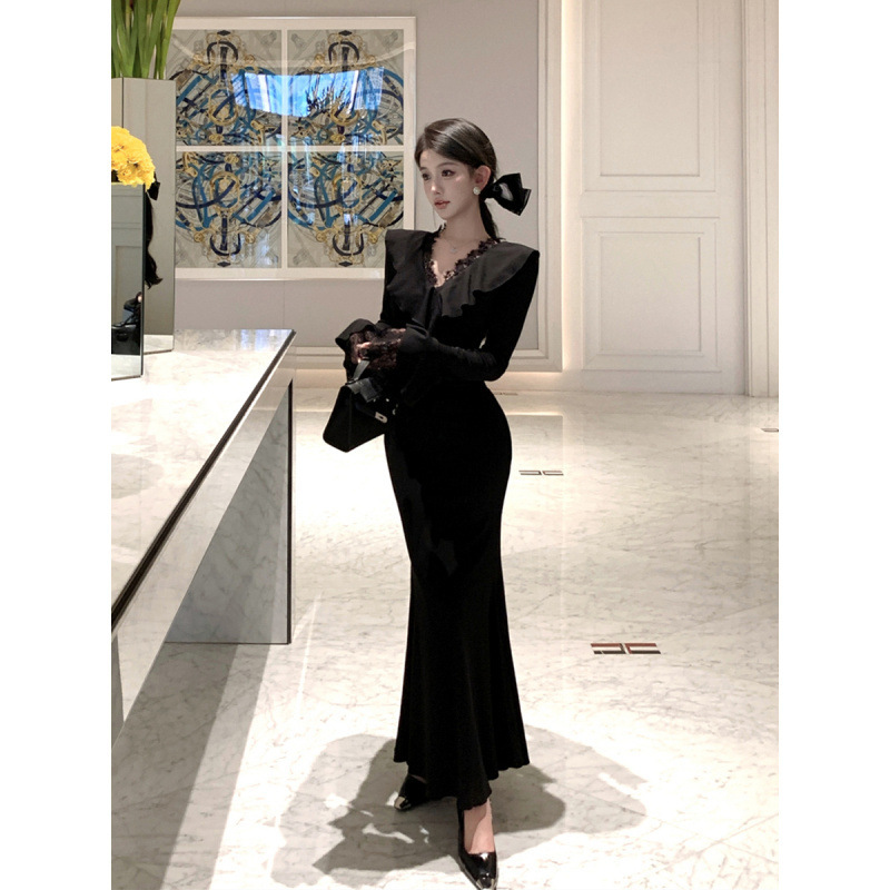 忆可达 气质百搭蕾丝花边长袖鱼尾连衣裙女春季修身包臀裙|undefined