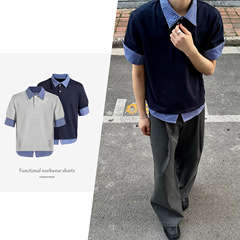 【CSMY】DERT 正規品 フェイクツーピース チェック柄 POLO 半袖シャツ インテリ 高級 エレガント 高級 Tシャツ