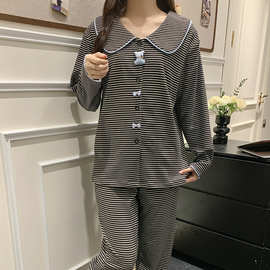 秋冬季新款睡衣女羊绒时尚简约条纹休闲可外穿加厚保暖家居服套装