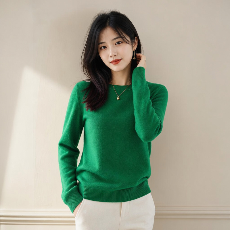 2026 Autumn New Elegant Women's Pullover Sweater for Workplace Commuting, Round Neck, Long Sleeve, Solid Color Knit Base Shirt