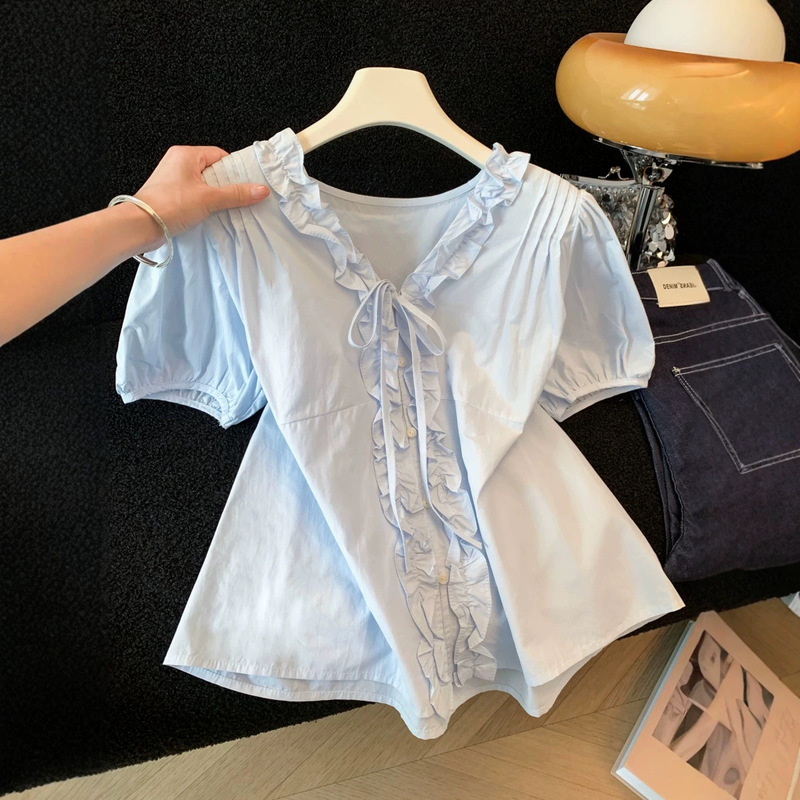 Blue French-Style Tie-Neck Ruffled V-Neck Short-Sleeve Shirt for Women, Summer 2026, Sweet and Youthful Puff Sleeve Blouse