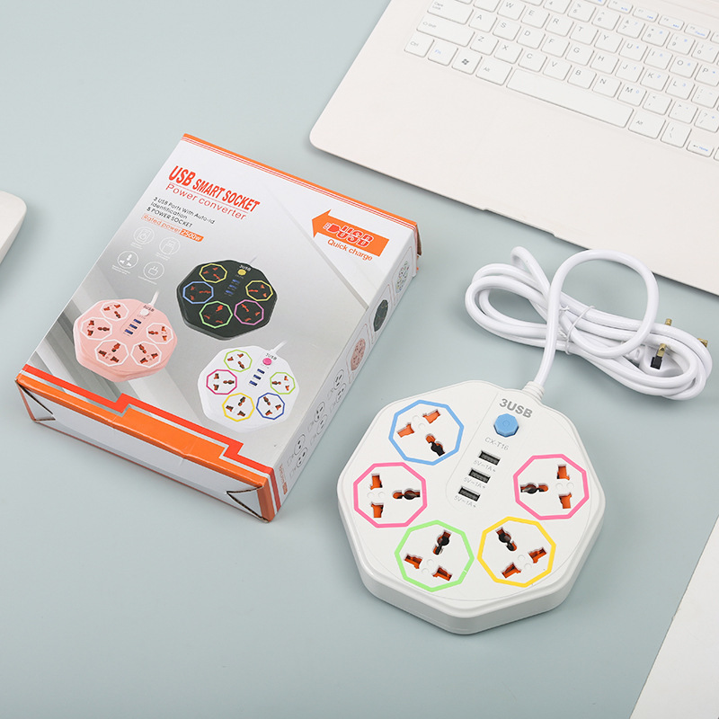 CX-T16 # 2m cables octogonales creativos 5 placa de conexión 3 enchufes USB en el extranjero enchufes de comercio exterior