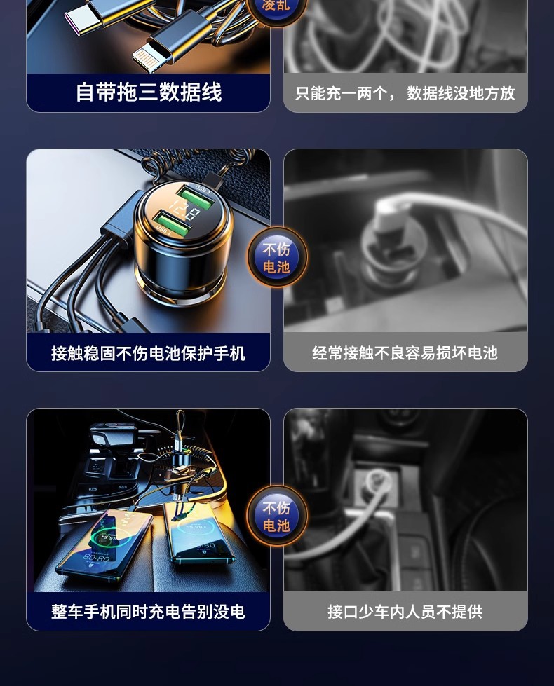 Car charger mobile phone super fast charging lighter one to three car conversion plug USB interface socket 66w