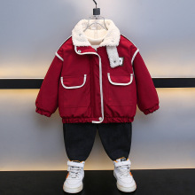 儿童红色外套加绒加厚秋冬装2025新款男童保暖棉衣冬季翻领夹克衫