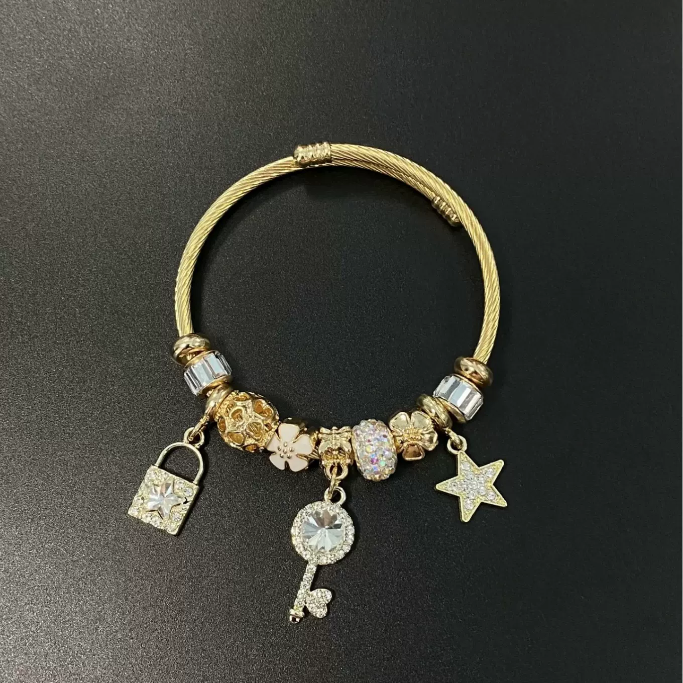 潘家多啦新款DIY串珠手镯 星星钥匙镶钻吊坠百搭可调节闺蜜手镯批