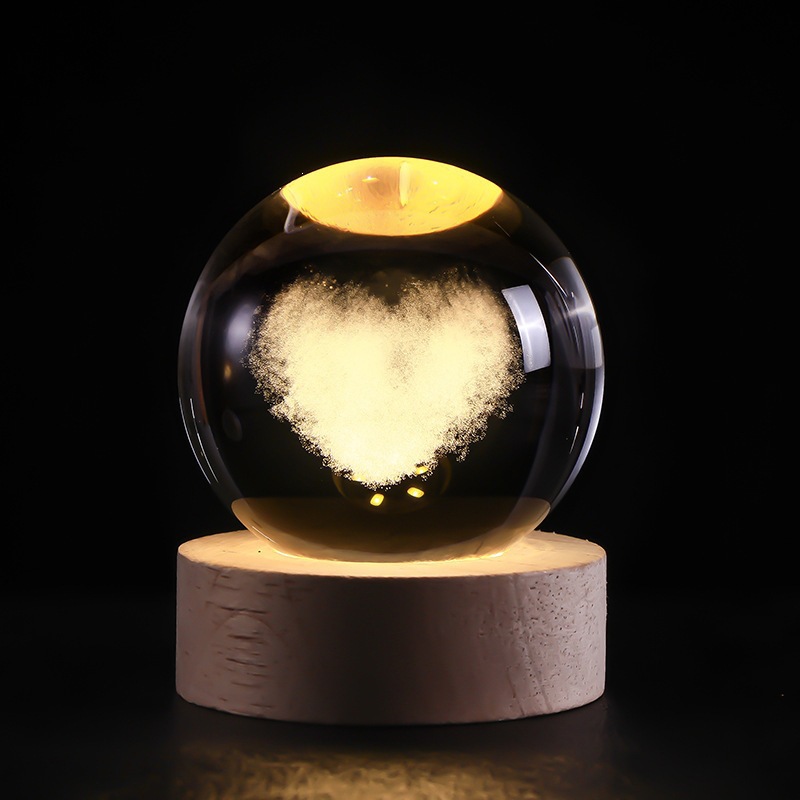 Bola de cristal luminosa lámpara de noche 3D esculpida estrella base de madera sólida regalo de cumpleaños decoración de escritorio creativa