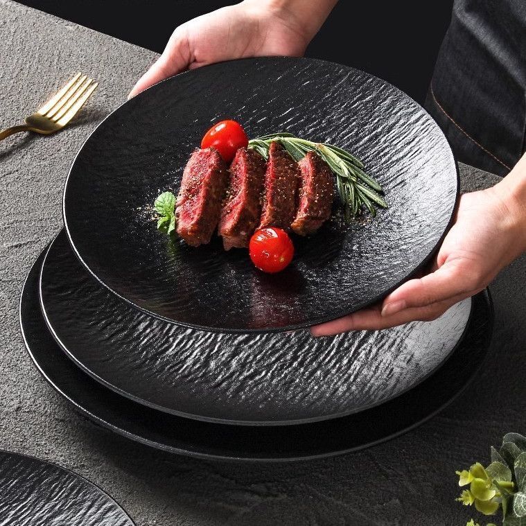 Melamine Japanese Tableware Black Plate Commercial Catering Western Steak Plate Snack Fried Rice Plate Barbecue Plate