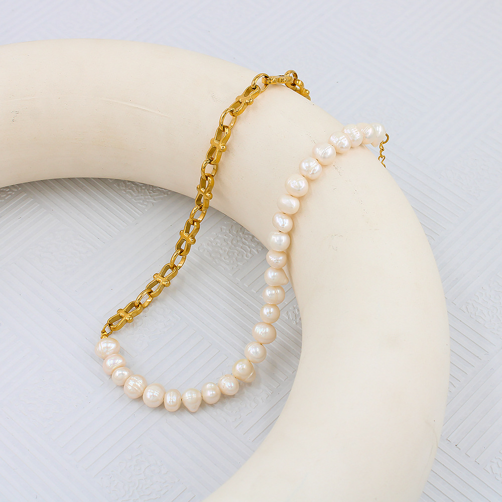 Fashion Color Block Pearl Titanium Steel Plating Bracelets Necklace 1 Piece