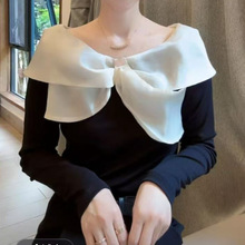 欧货2025秋季新款时尚蝴蝶结T恤洋气修身显瘦长袖打的上衣女潮