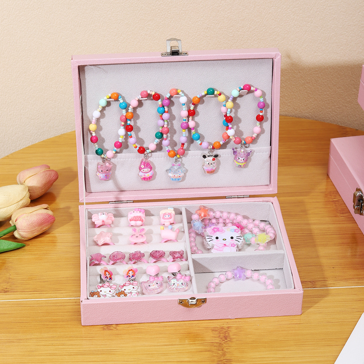 Juego de pulsera de anillo de clip de oreja de Kulomi de dibujos animados Caja de regalo Caja de joyería exquisita princesa para niños Regalo de cumpleaños para niñas