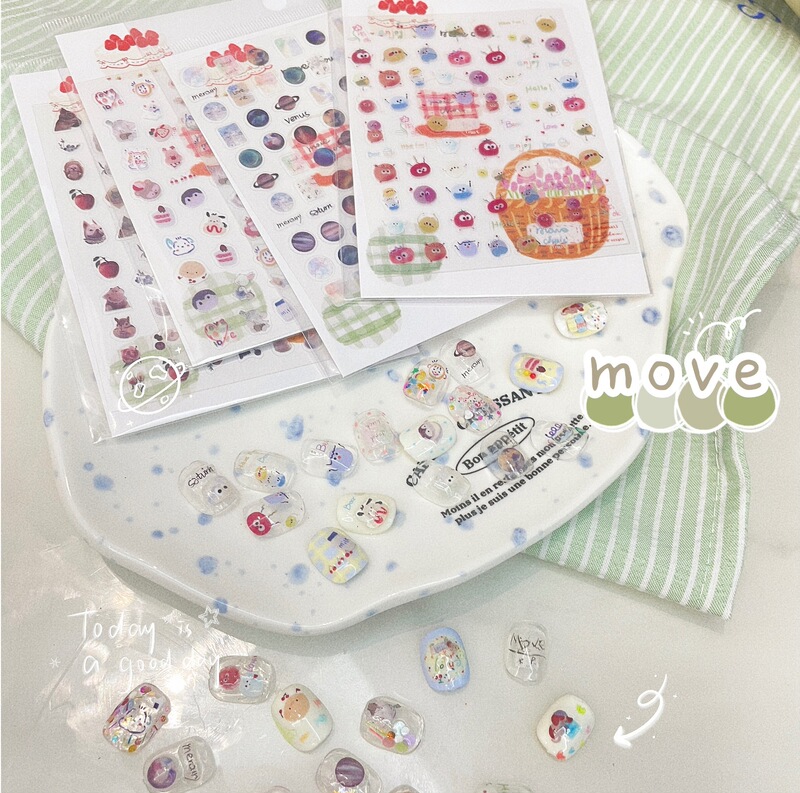 Korean Style Funny Beanie Ins Nail Art Stickers Egg Rice Lines Universe Starry Sky Squares Fun and Cute Oil Painting Stickers