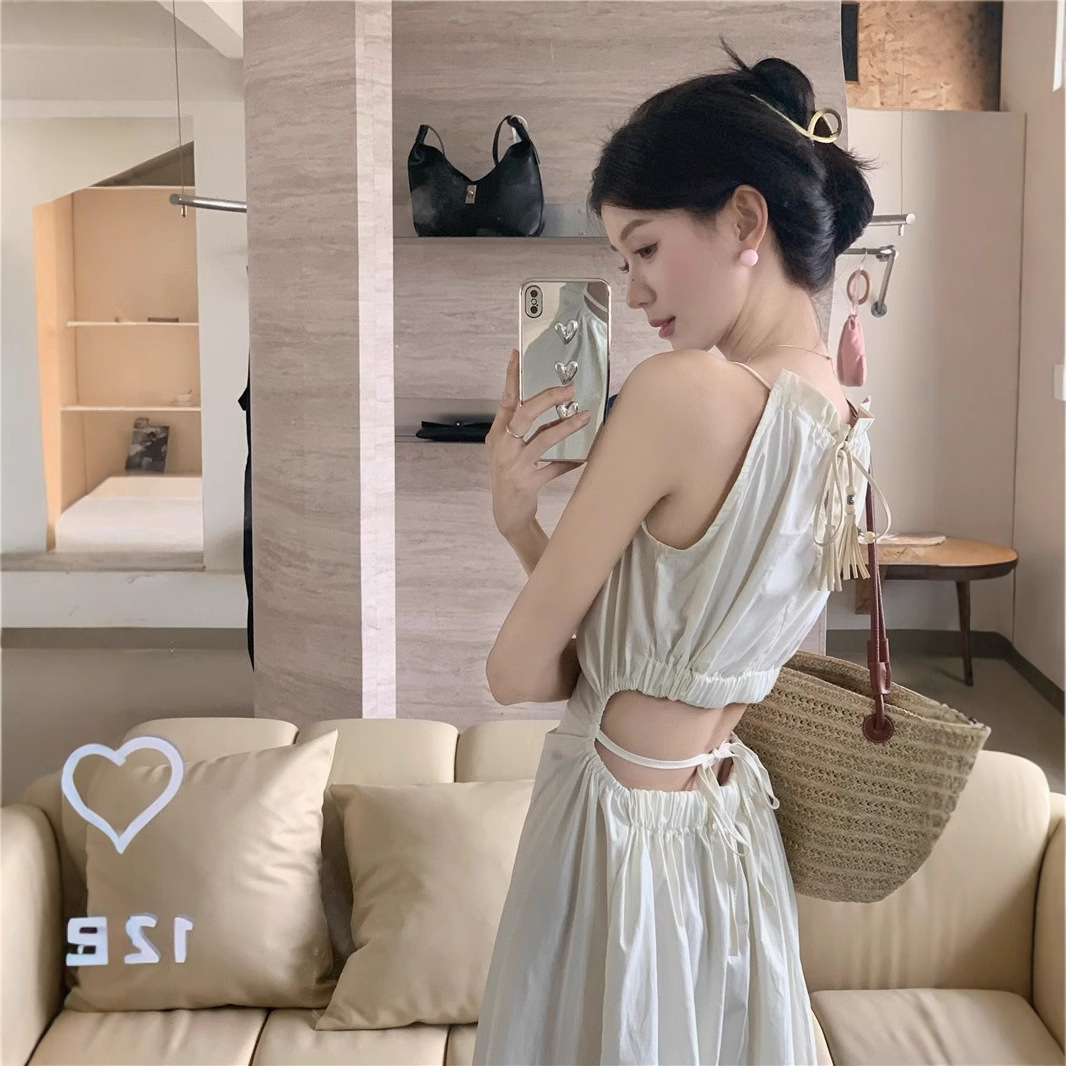 목 교수형 슬링 원피스 어린이 여름 디자인 센스 할로우 아웃 오픈 허리 슬리밍 우아한 해변 휴가 원피스