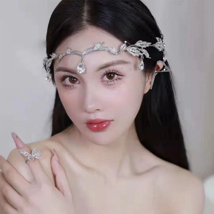 Corona Mori hojas gota de agua llena de diamantes nupcial frente decoración ceja gota Rhinestone boda tocado completo diamante corona diadema