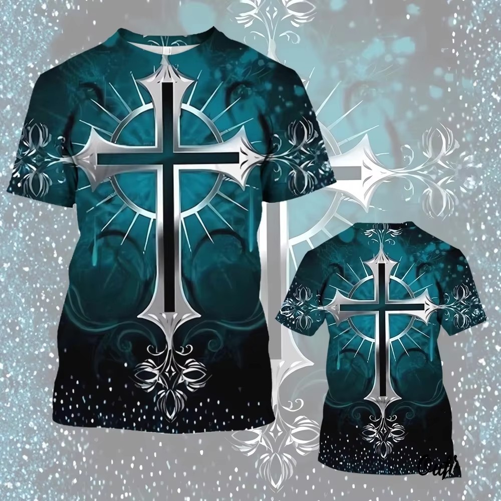 Salvator Cross Warrior 3D Print Spot Camiseta transpirable de hombro de manga corta con cuello redondo suelto casual para hombre