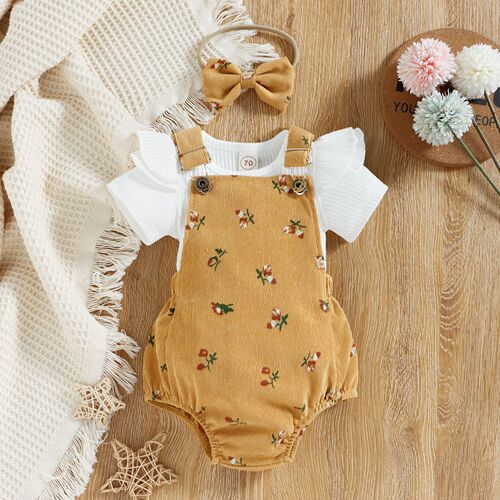 Baoxin girls' clothing foreign trade cross-border new style pitted flying sleeves floral corduroy suspenders and hairband three-piece set