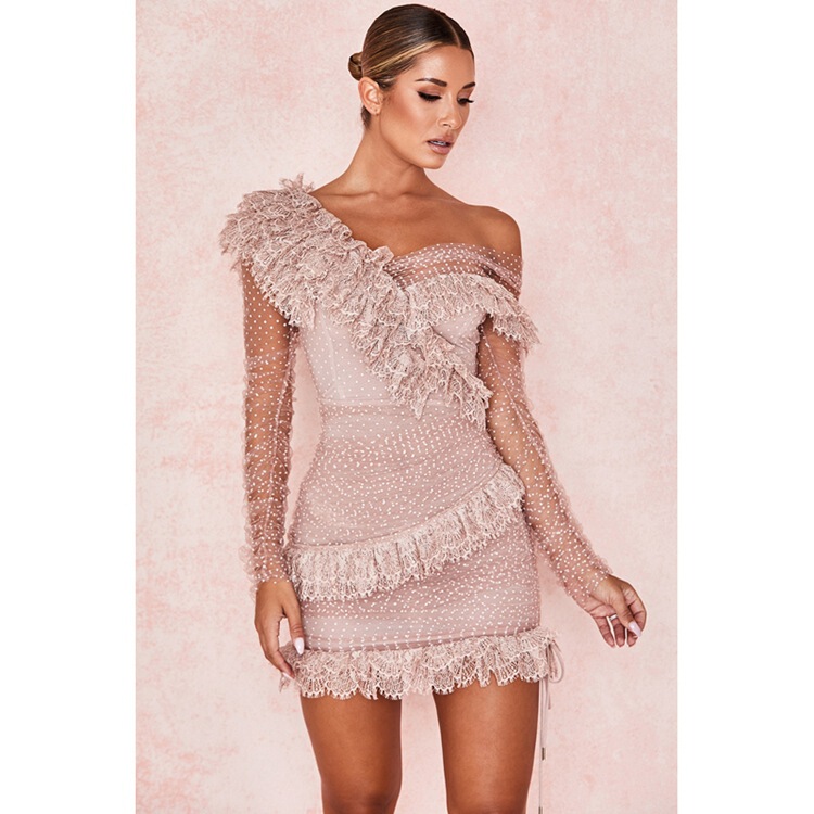 Women's long-sleeved lace mesh hollow transparent lace European and American mini hip bag dress cross-border foreign trade wholesale and retail