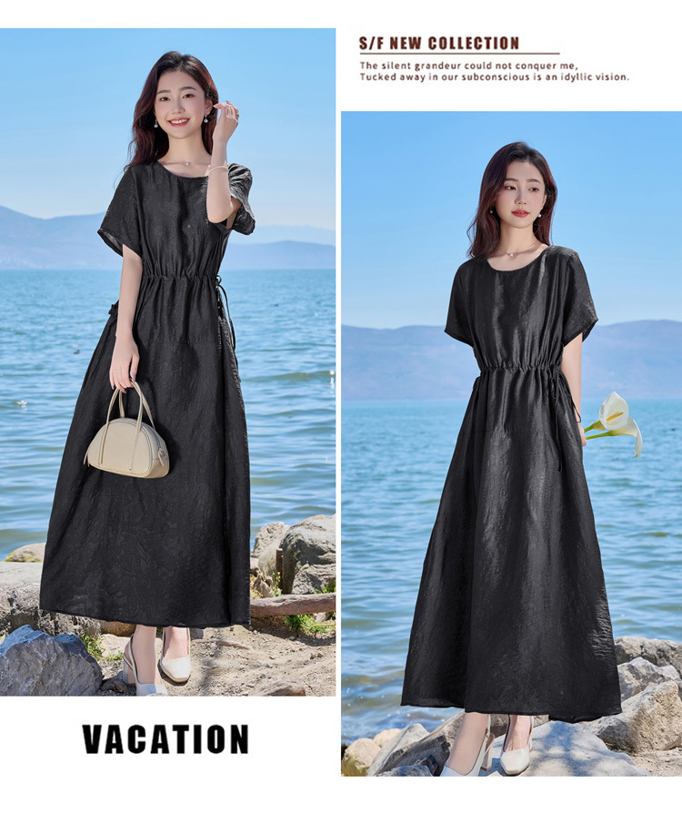 Đầm maxi nữ cổ tròn tay ngắn eo thon dáng dài — Màu đen, Màu nâu đỏ, Màu xám chi tiết 23