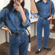 实拍 韩版法式复古简约百搭双口袋牛仔长袖衬衫女装春季新款 2色
