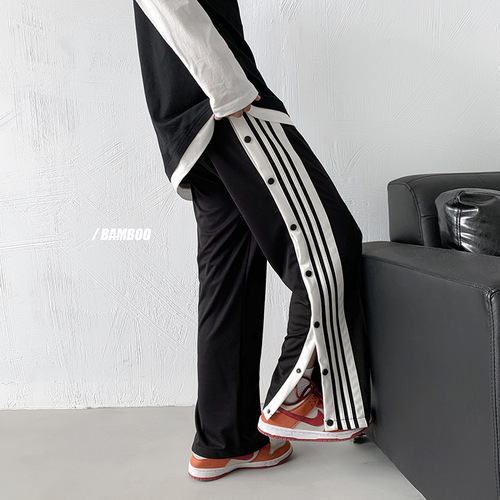 Ins-style streetwear side-button wide-leg pants for men, loose-fitting, versatile, student-friendly, straight-leg autumn trend—striped, ankle-tied sweatpants