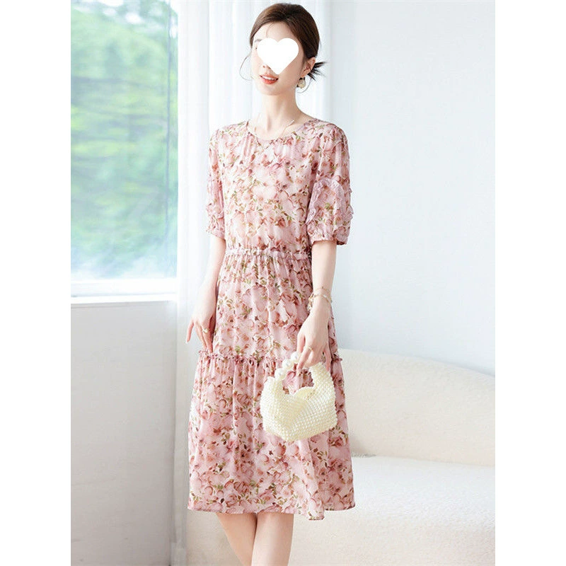 Новое женское шелковое платье с принтом в Ханчжоу, летняя элегантная юбка из шелкового шелка средней длины выше колена с талией для похудения