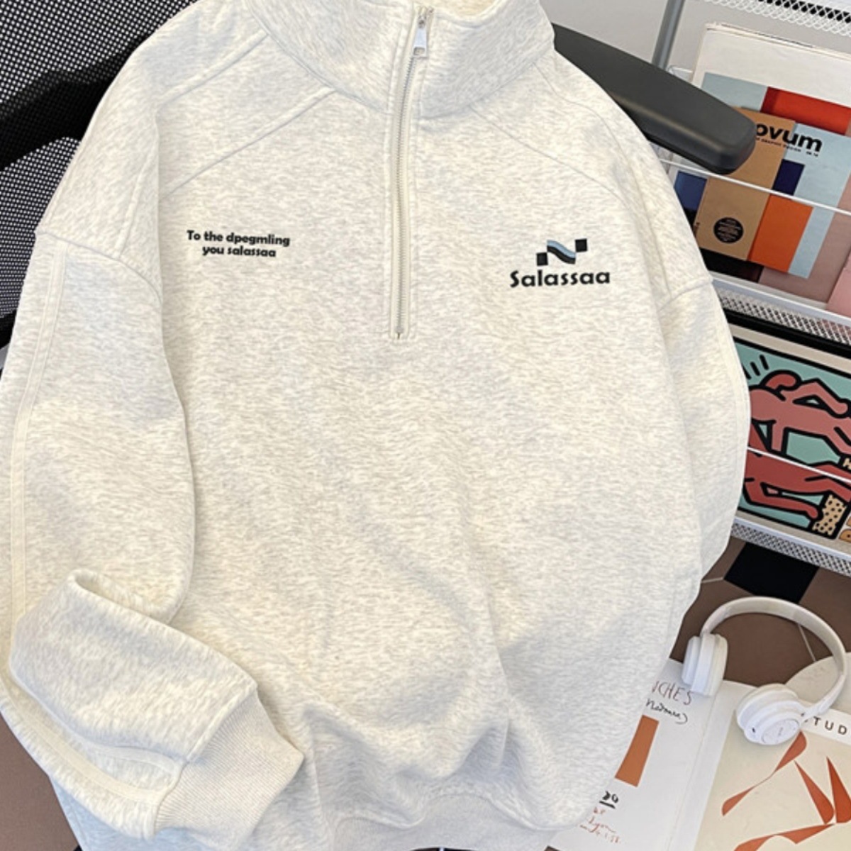 加厚加绒卫衣男款秋冬季宽松立领半拉链上衣重磅美式潮牌情侣外套