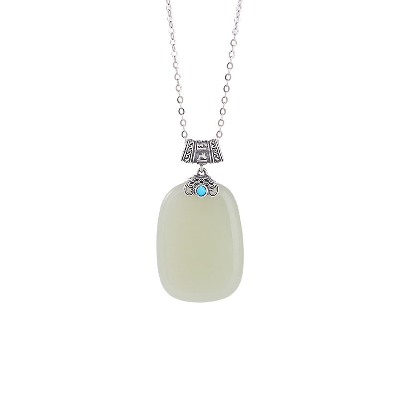 Mặt dây chuyền bạc S925 đá ngọc Hotan tự nhiên khắc Lục Tự Chân Ngôn phong cách vintage — Mặt dây chuyền đơn (không bao gồm chuỗi)