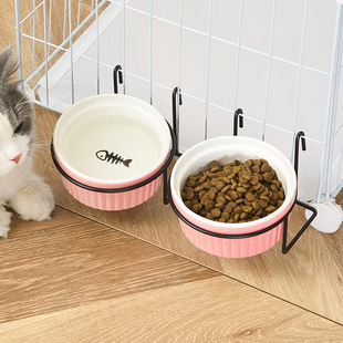 Hanging Cage Cat Bowl, Cat Food Bowl, Ceramic Pet Bowl, Cat Drinking Bowl, Rice Bowl, Food Bowl, Integrated Slanted Mouth Dog Bowl, Anti-Bullying