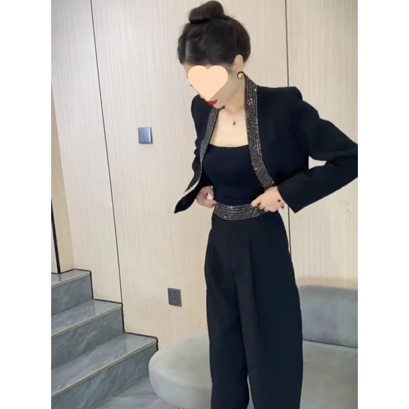 2025年春季网红新款时尚套装女法式轻奢重工烫钻西服+显瘦阔腿裤|undefined