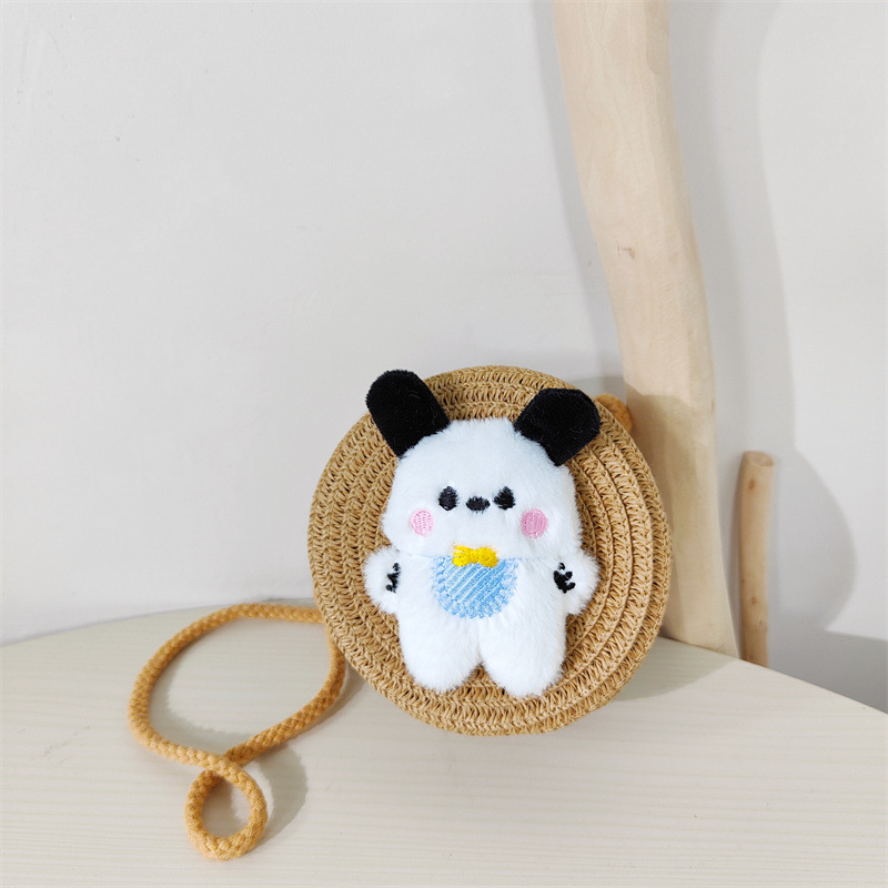 Verano de los niños de paja lindo babero cachorro crossbody pequeño bolso redondo niños y niñas al aire libre ligero dibujos animados tejida BOLSA DE PAJA