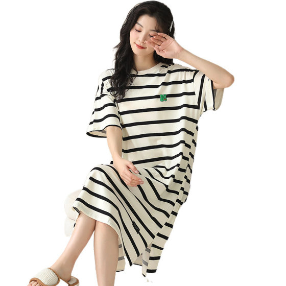 100% Cotton Striped Nightgown Women's Summer Student Casual Outwear Cotton Long Over-the-Knee Pajamas Home Clothes