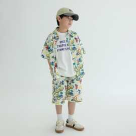 2025夏季新款男童休闲度假风短袖套装中大童舒适棉麻衬衣两件套潮