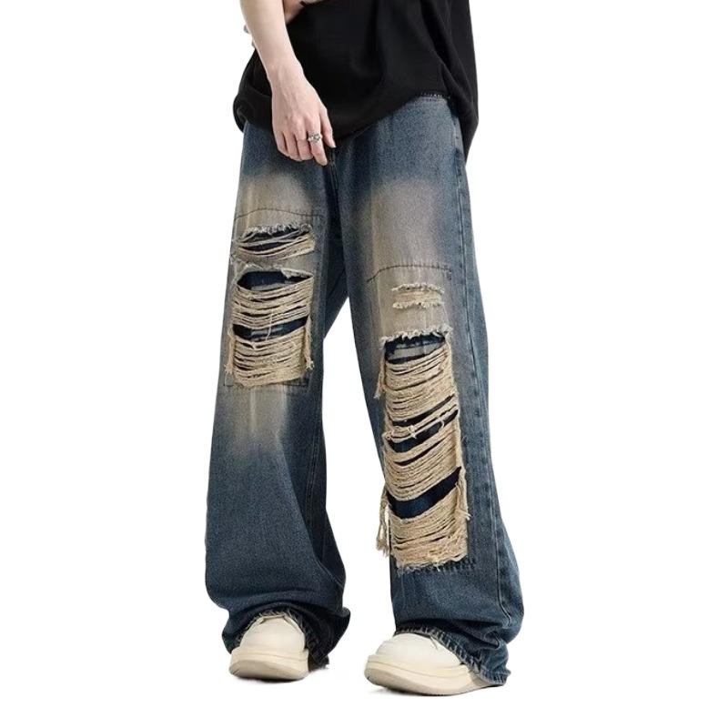 Estilo americano retro rasgado jeans hombres verano lavado apenado suelta pierna ancha recta fregona marca de moda Pantalones de la calle alta