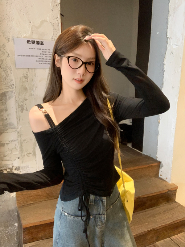 辣妹黑色斜肩拼接设计感收腰抽褶显瘦修身打底T恤长袖女2025秋季|undefined