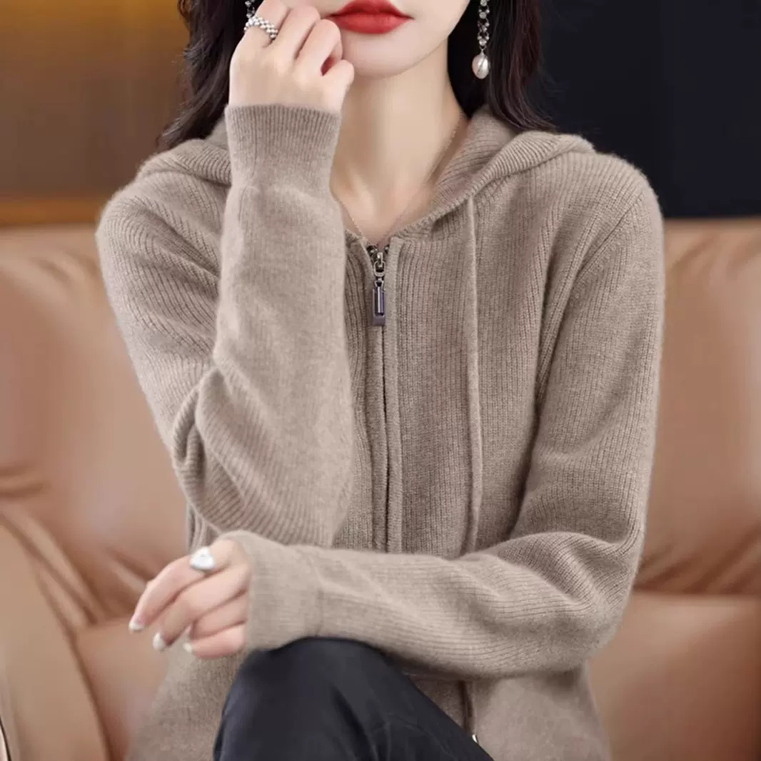 安迪绒秋冬新款拉链开衫外套女毛衣减龄连帽针织衫女宽松带帽打底