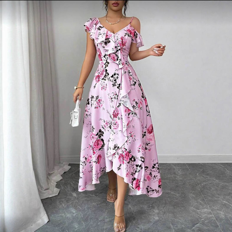 Women's New Summer Romantic Retro Beach Vacation Asymmetrical Neckline Ruffle Hem Irregular Pink Extra-Long Dress Women's New Summer Romantic Retro Beach Vacation Asymmetrical Neckline Ruffle Hem Irregular Pink Extra-Long Dress