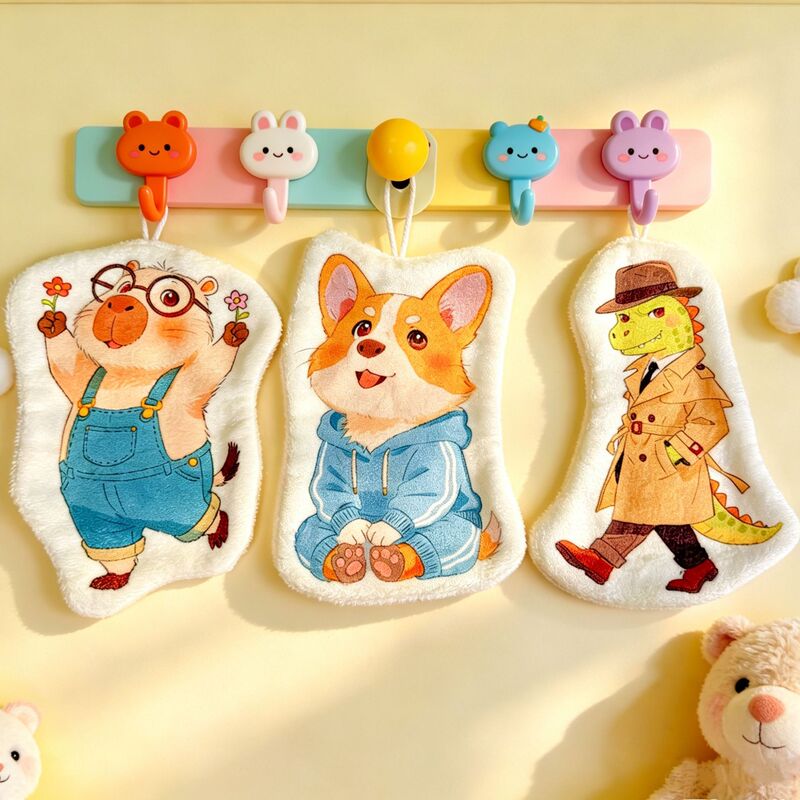 Cartoon Cute Coral Fleece Hand Towel, Hanging Type, Absorbent and Thickened, for Kitchen and Bathroom, Ins-Style Animal Pattern
