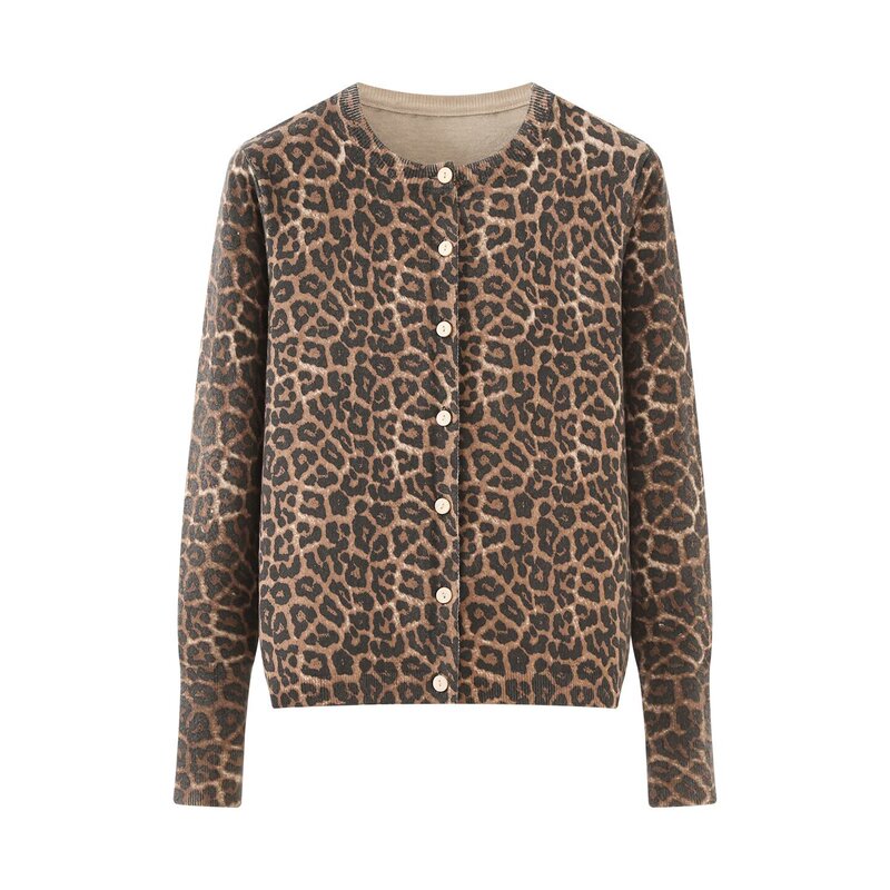 Bsk&Traf Women's 2025 Autum New European and American Style Fashionable Animal Print Long-Sleeved Leopard Print Knitted Cardigan