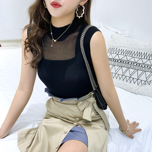 Camisole women's summer outer wear waistcoat half turtleneck ice silk high elastic knitted bottoming shirt with sleeveless top trendy