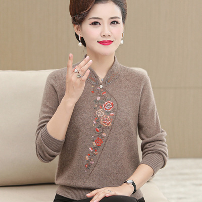 中老年女装秋冬旗袍领毛衣大码打底衫厚妈妈婚礼喜庆纯羊绒毛衫