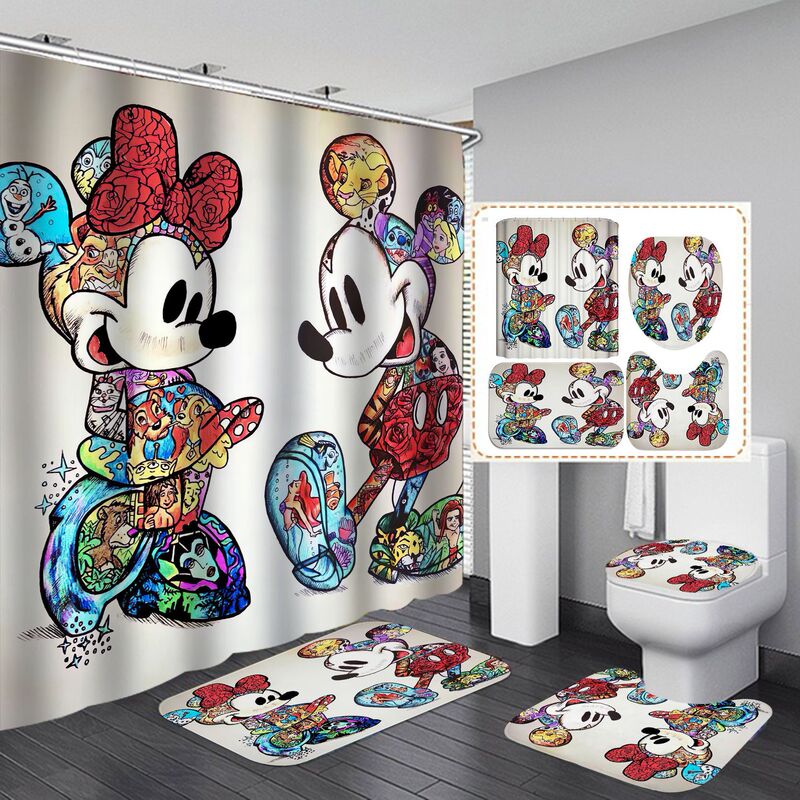 Direct Sales from the Source Manufacturer, High-Definition Shower Curtain Four-Piece Set, Mickey Mouse Waterproof, No-Drill Hotel Partition Curtain, Bathroom Curtain
